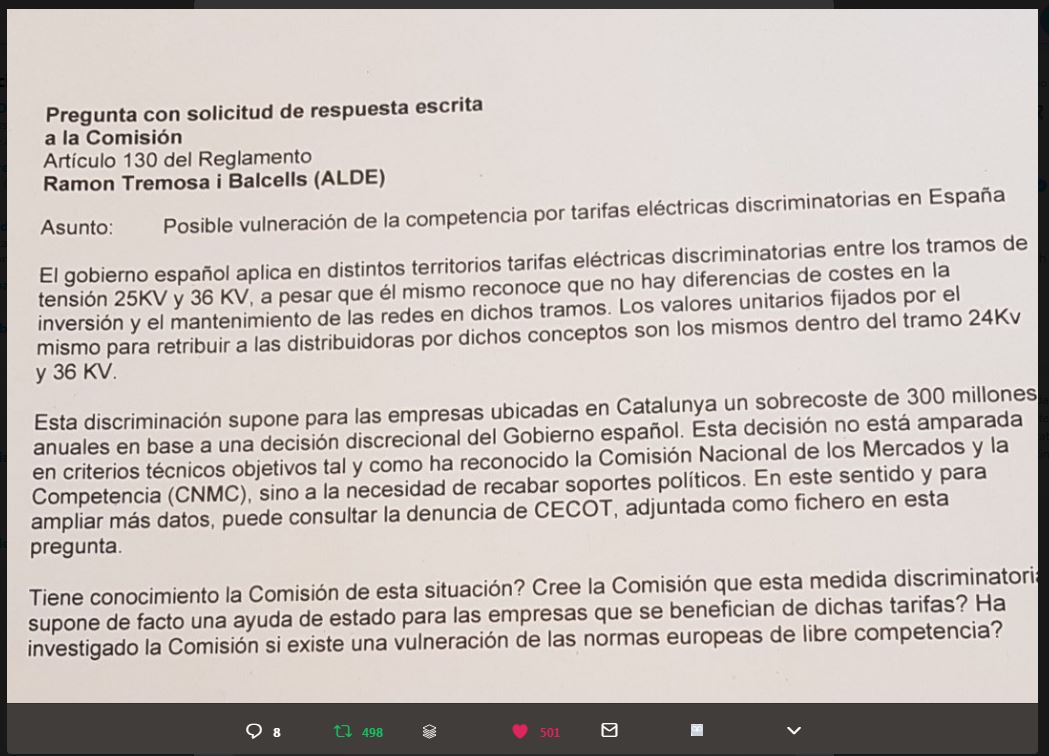 Pregunta eurodiputat Tremosa a la CE sobre tarifes elèctriques discriminatòries a Espanya